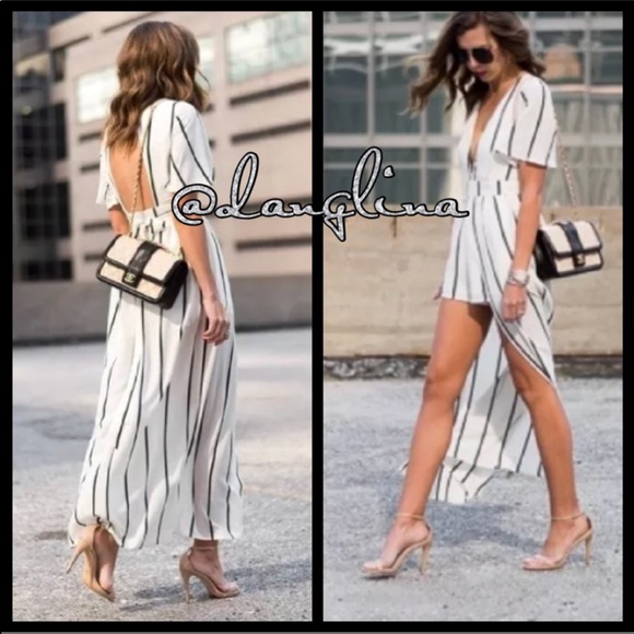 Black and white striped maxi romper short sleeves - Picture 2 of 7
